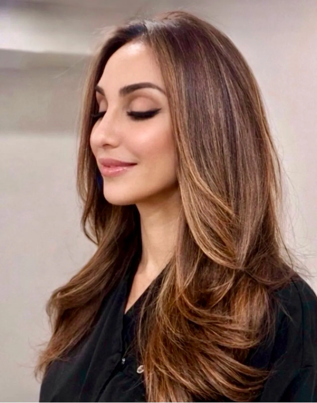 Warm espresso and caramel hair color